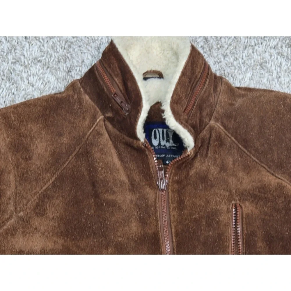Oui International Mens 40 Suede Leather Bomber Jacket Sherpa Lined Hidden...